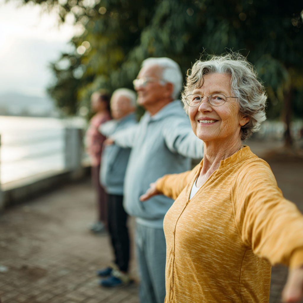 older adults practicing gentle stretching exercises outdoors in peaceful environment
